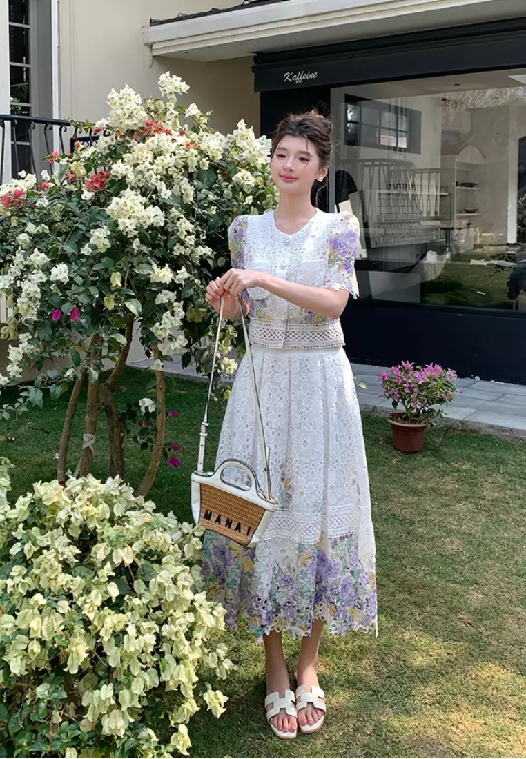 優雅蕾絲刺繡上衣修身裙子套裝CA26033021PU