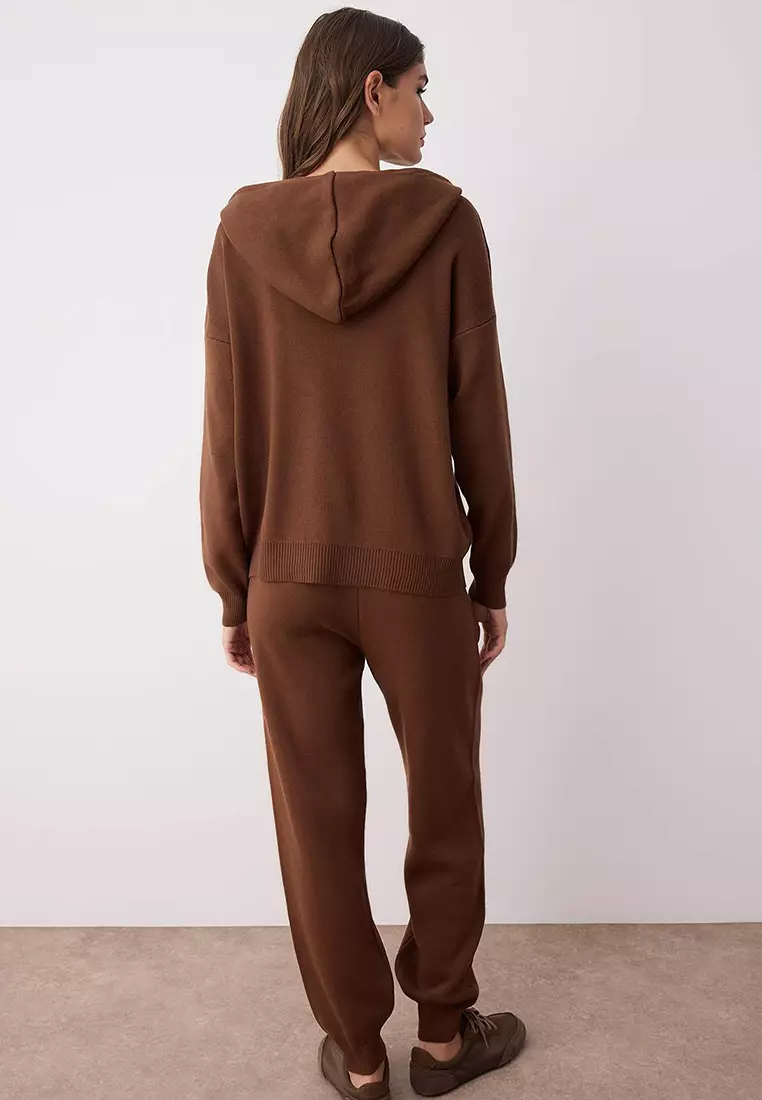 Brown Hooded Ethnic Pattern Knitwear Bottom Top Set