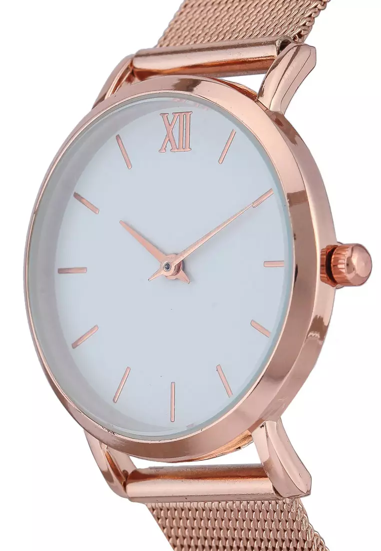 Round Face Rose Gold White/Mesh Strap Watch