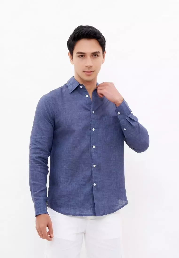 Ocean Blue Kemeja Linen Lengan Panjang Pria Navy| Linen Long Sleeve Shirt Men Navy