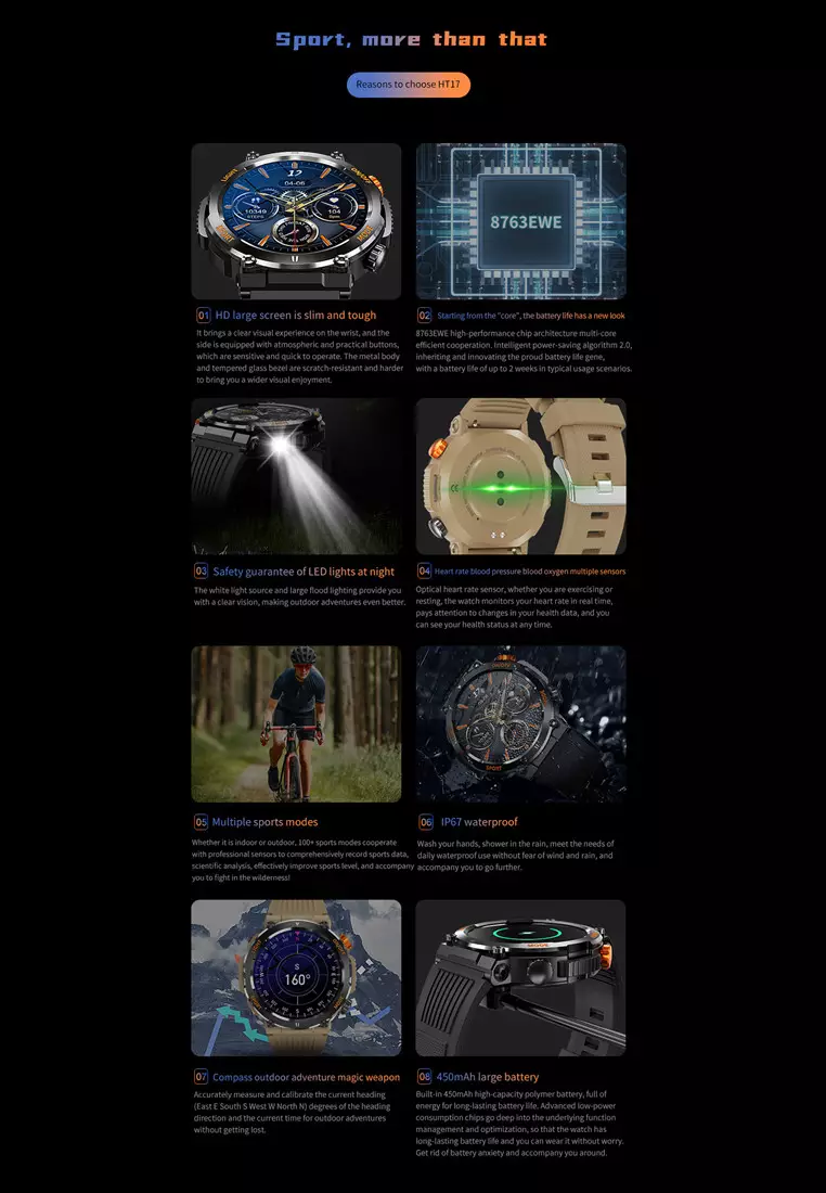 SmartWatch HT17 Anti Air Layar Terang 1.46'' Olahraga Monitor Detak Jantung Music Lampu LED Jam Tangan Pria Khaki