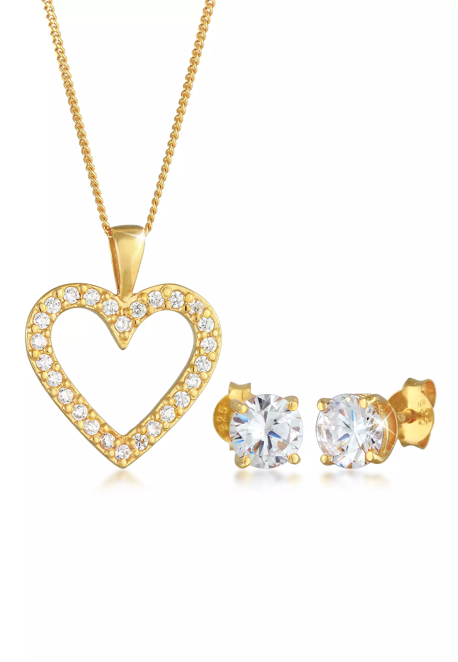 Jewelry Set Stud Heart Pendant Solitaire Cubic Zirconia Crystals Gold Plated