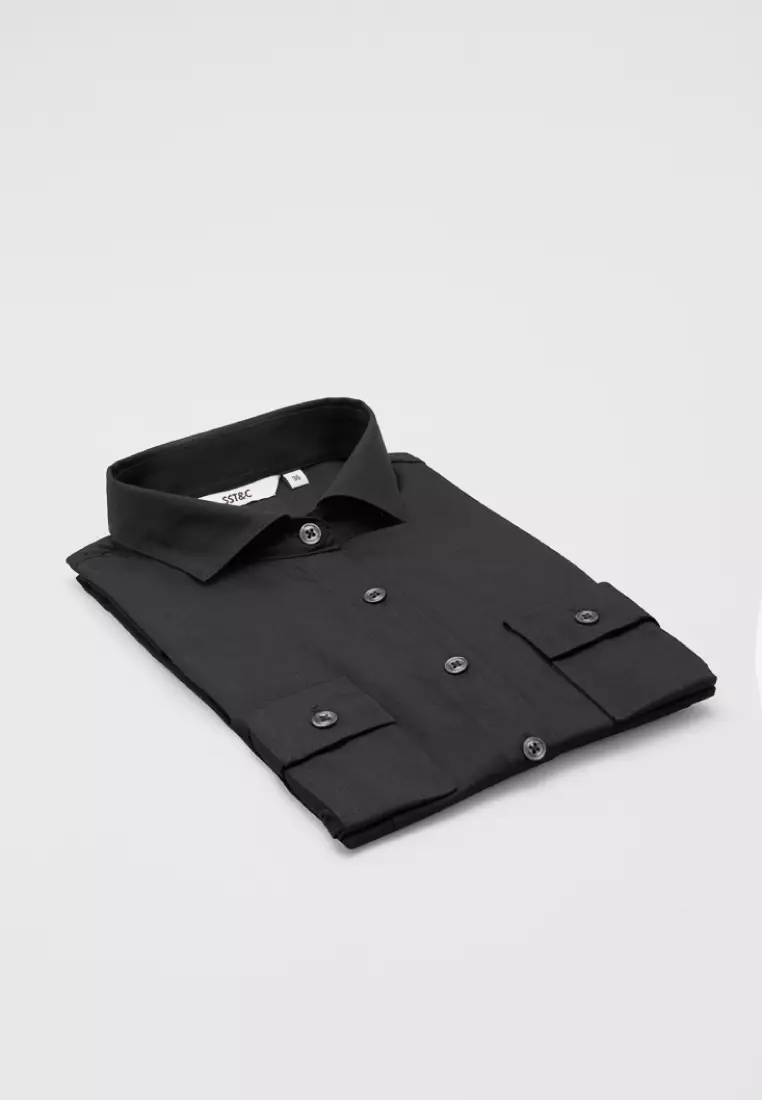 黑色一字領標準版長袖襯衫