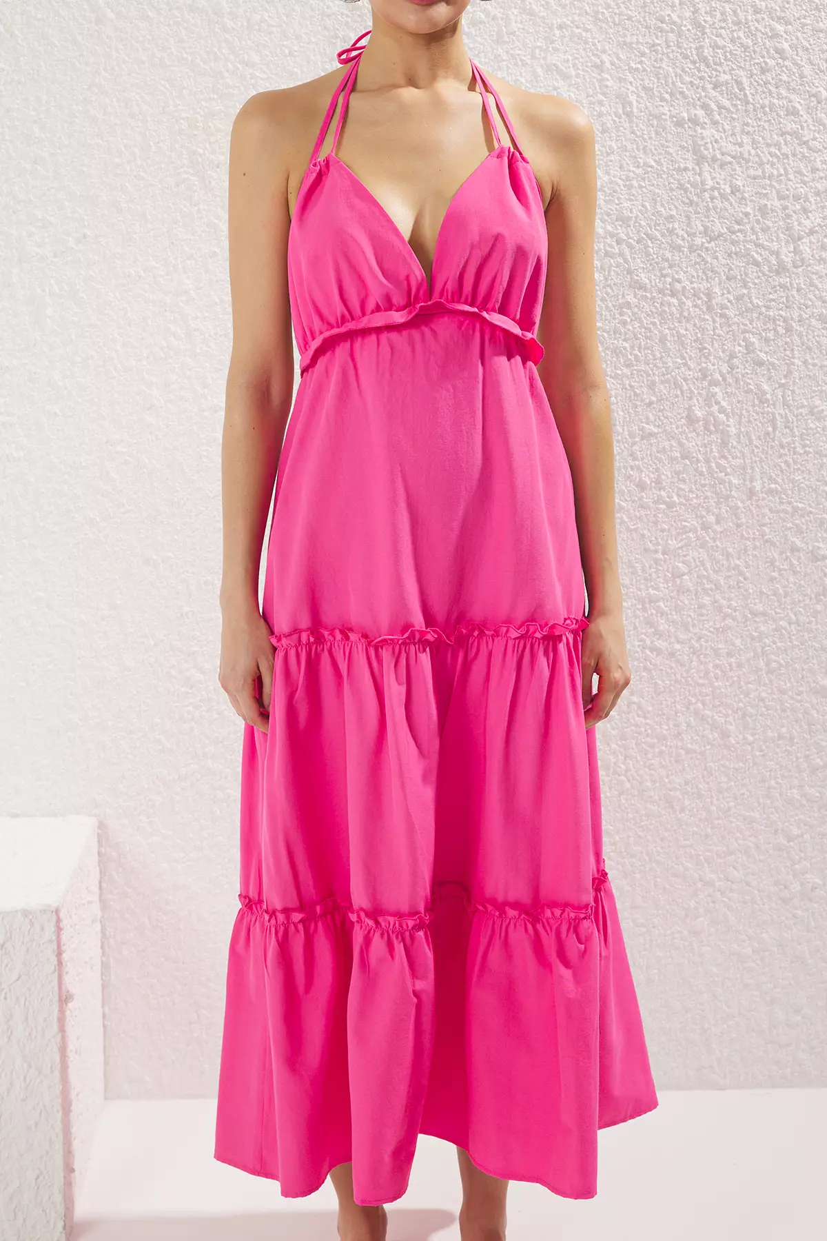 Pink Striped Maxi Woven Ruffle Beach Dress