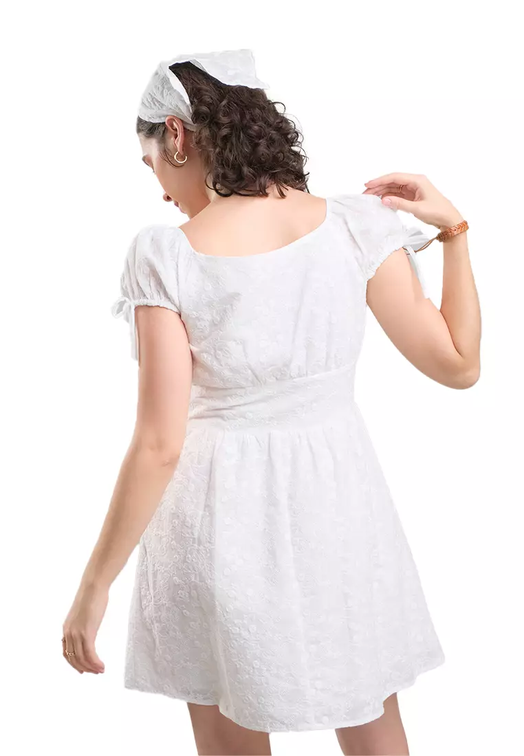 Embroidered Cotton Short Dress With Puff Sleeves