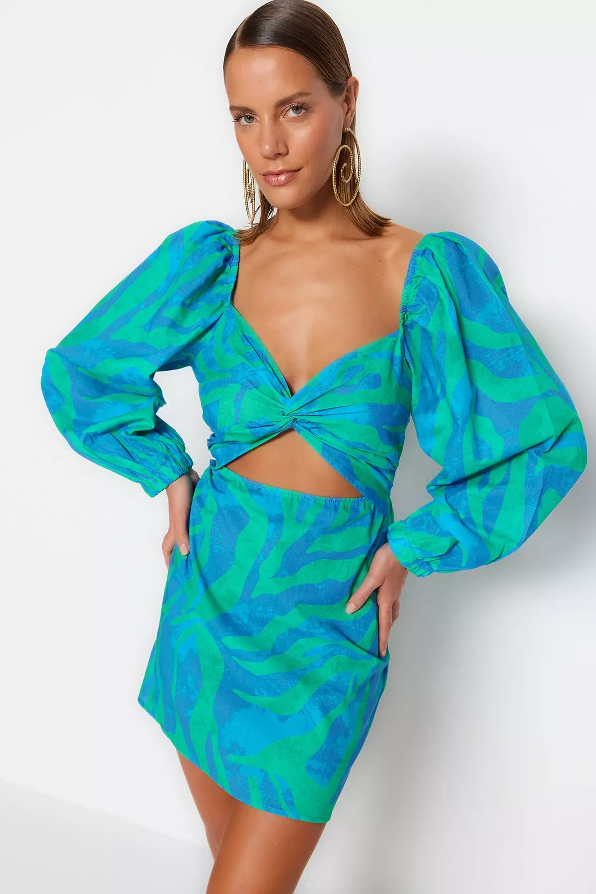 Pattern Fitted Cut Out Cotton Mini Beach Dress