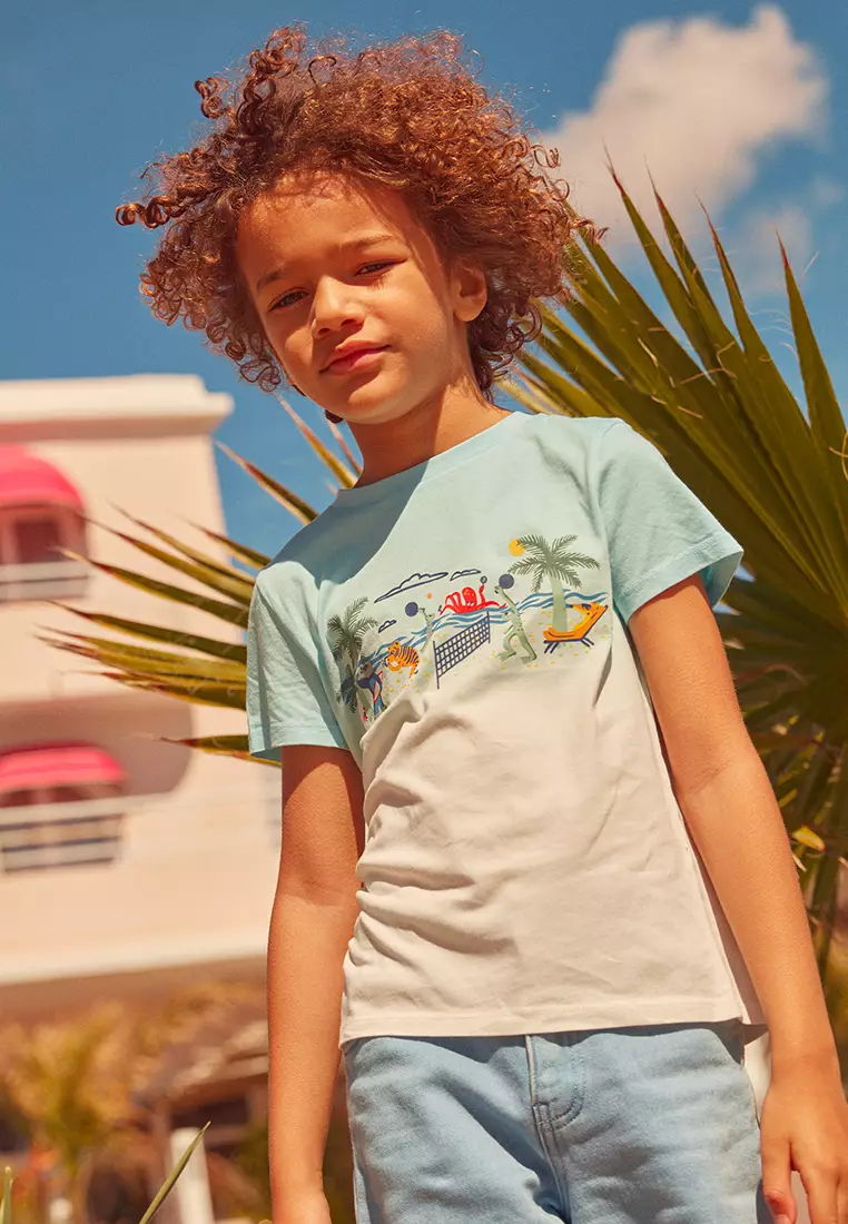 BLUE AND WHITE BEACH T-SHIRT