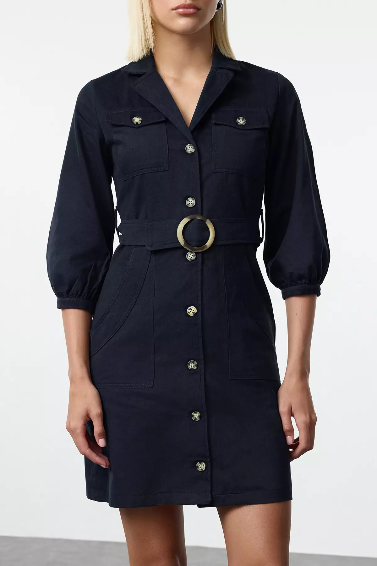 Navy Blue Straight Belted Jacket Mini Button Detailed Woven Dress TWOAW20EL1156