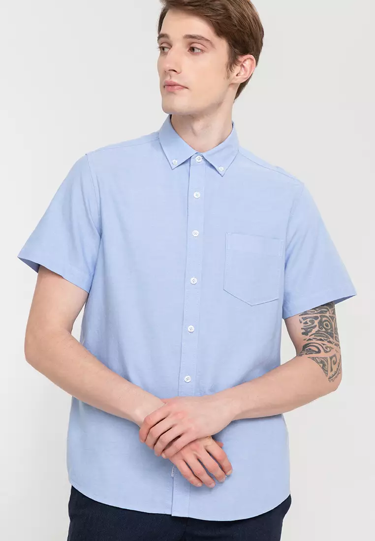 Woven Short Sleeves Casual Oxford Pea Shirt