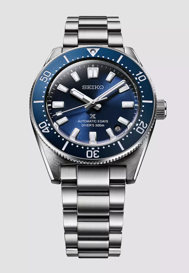 精工 Prospex 1965 Heritage 潛水員 3 天 300 m 水肺潛水藍色錶盤不鏽鋼錶帶自動錶 SPB451J1