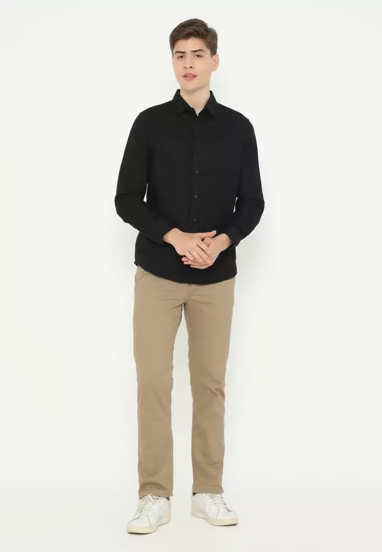 POLICE Kemeja Polos Cotton Regular Fit Lengan Panjang Pria