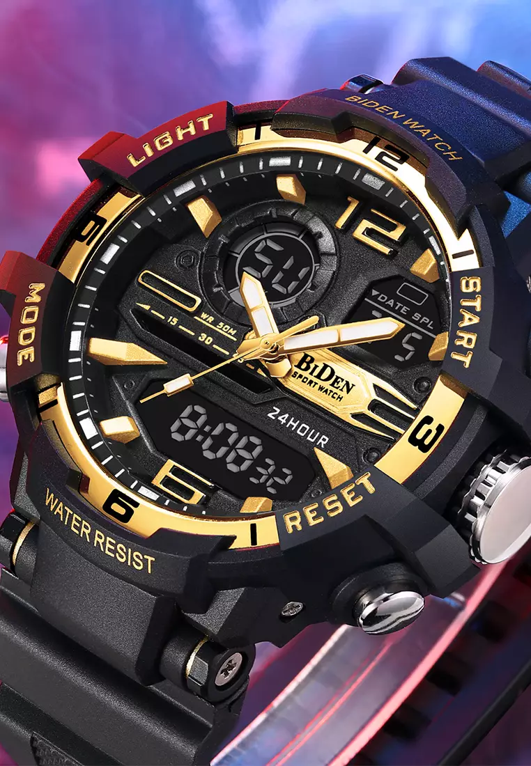 Jam Tangan Pria Digital&Analog Olahraga Pria Tahan Air Luminous Jam Tali Silikon Warna Emas