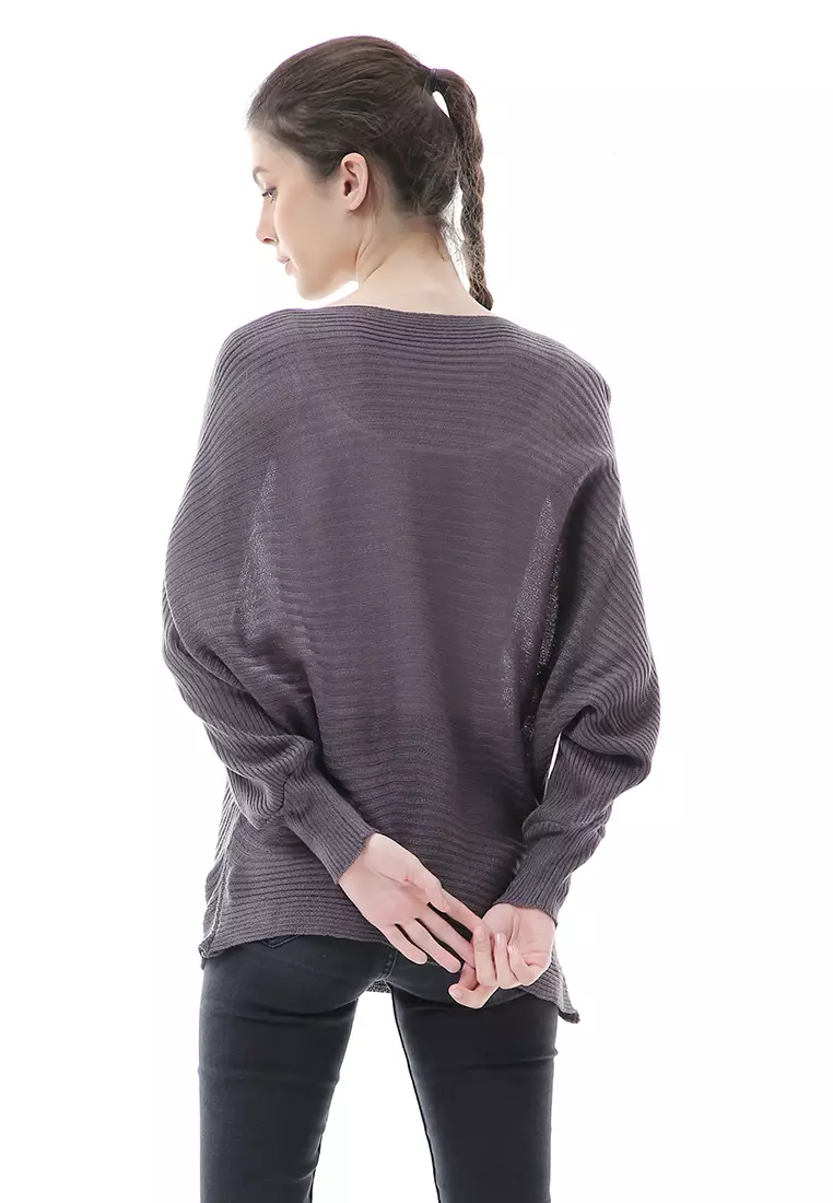 Eveline Sweater Rajut Batwing Atasan Wanita Motif Polos High Quality - Abu Tua