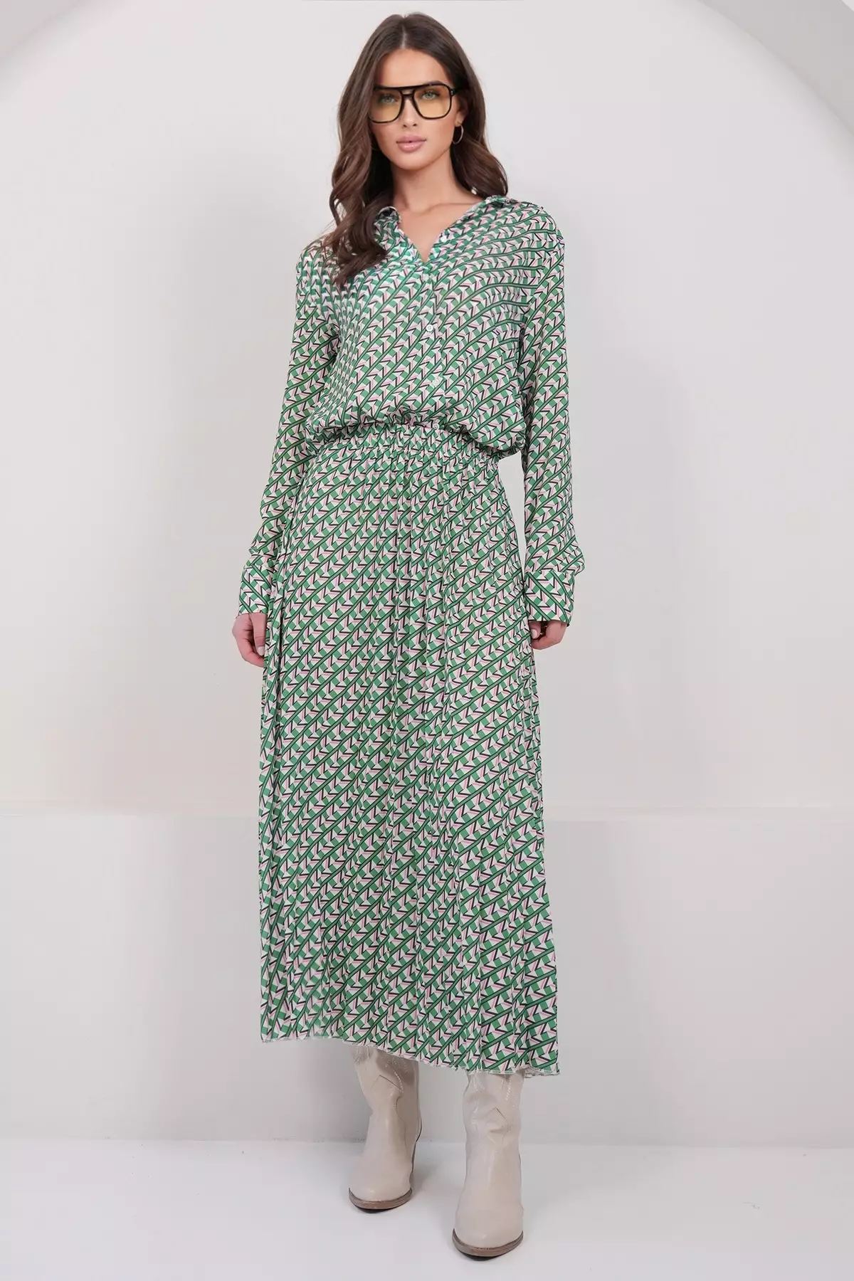 Green-Fuchsia Wide Cuff Oversized Patterned Shirt And Maxi Skirt Set
