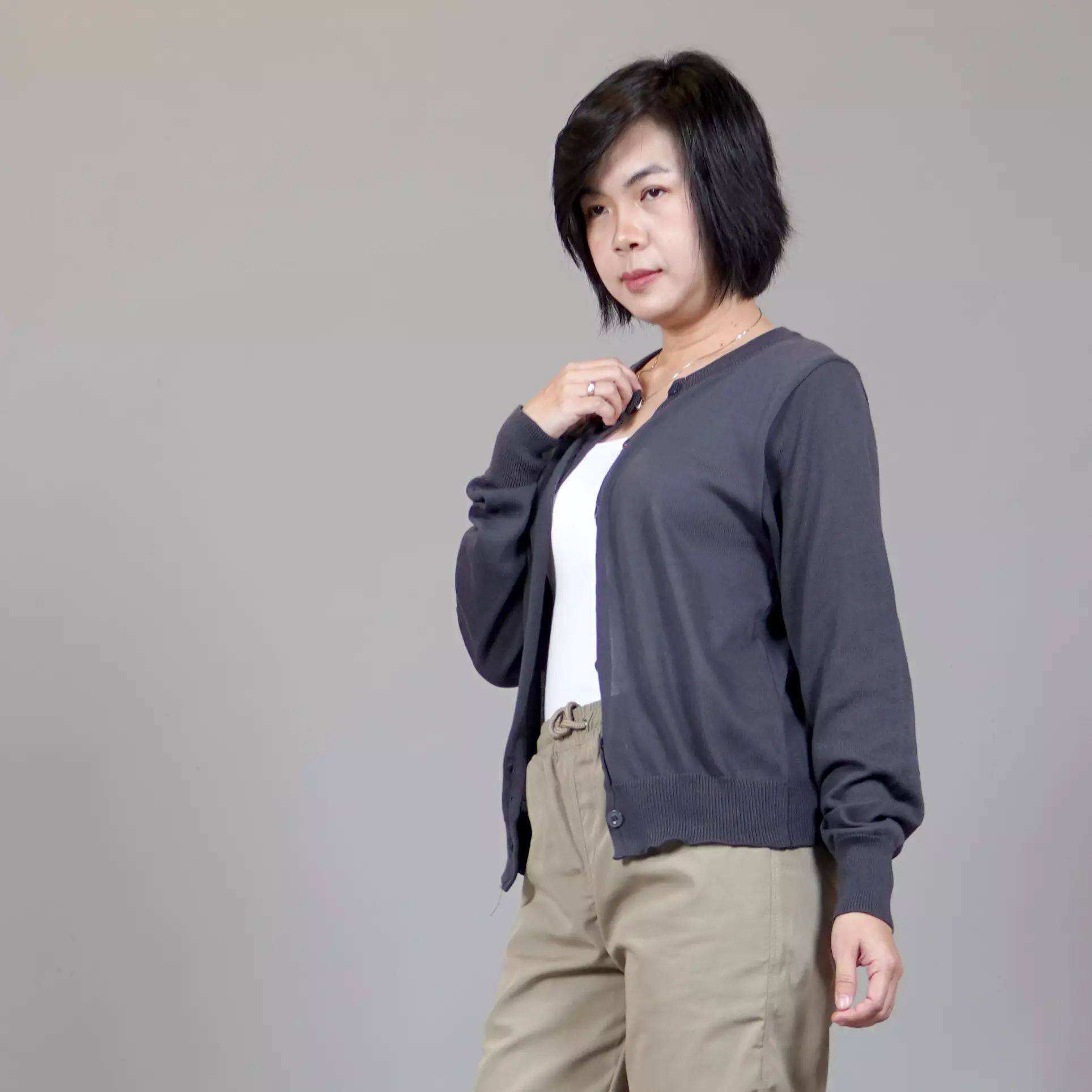  SANDRA Knit Cardigan O Neck Kardigan Rajut Wanita Leher O - ABU TUA