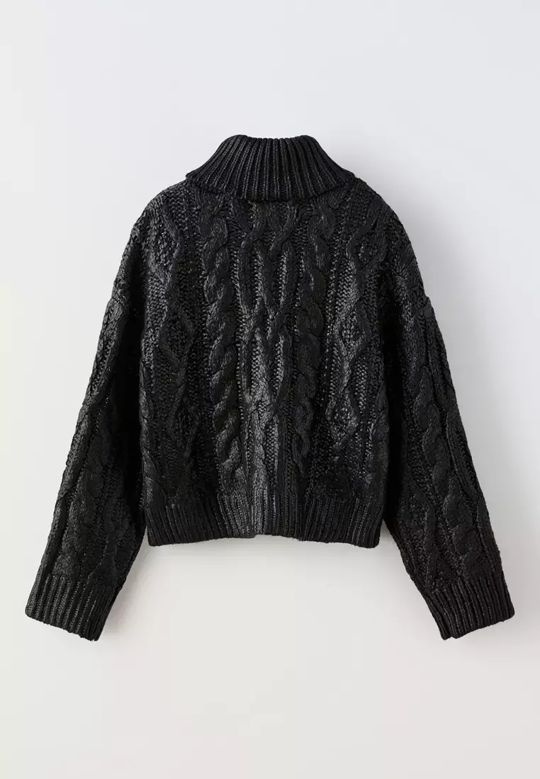 Cable Knit Zara Cropped Knit Turtleneck Zara Bright Green Cable - Main Image