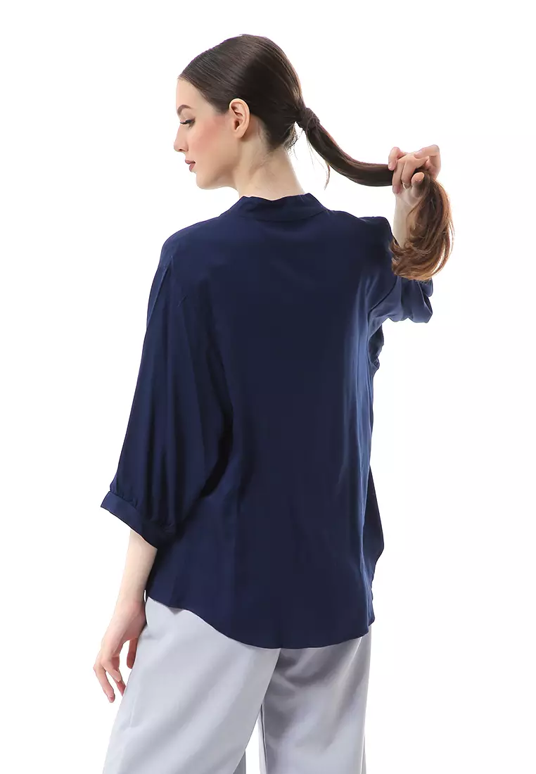 Ghita Kemeja Atasan Wanita Motif Polos Long Sleeve High Quality - Navy