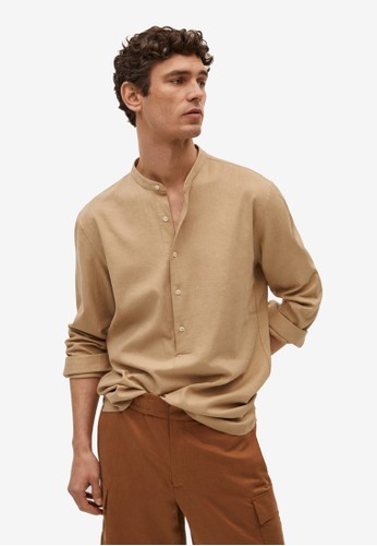MANGO Man brown Regular-Fit Mao Collar Linen Shirt 9CCD4AA0B21DADGS_1