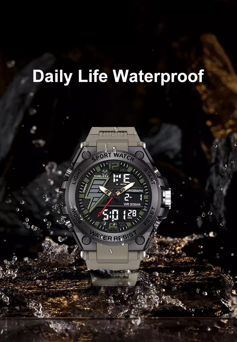 Jam Tangan Pria Analog&Digital Multifungsi Tali Silikon Anti Air Jam Tangan Cowok khakiblack