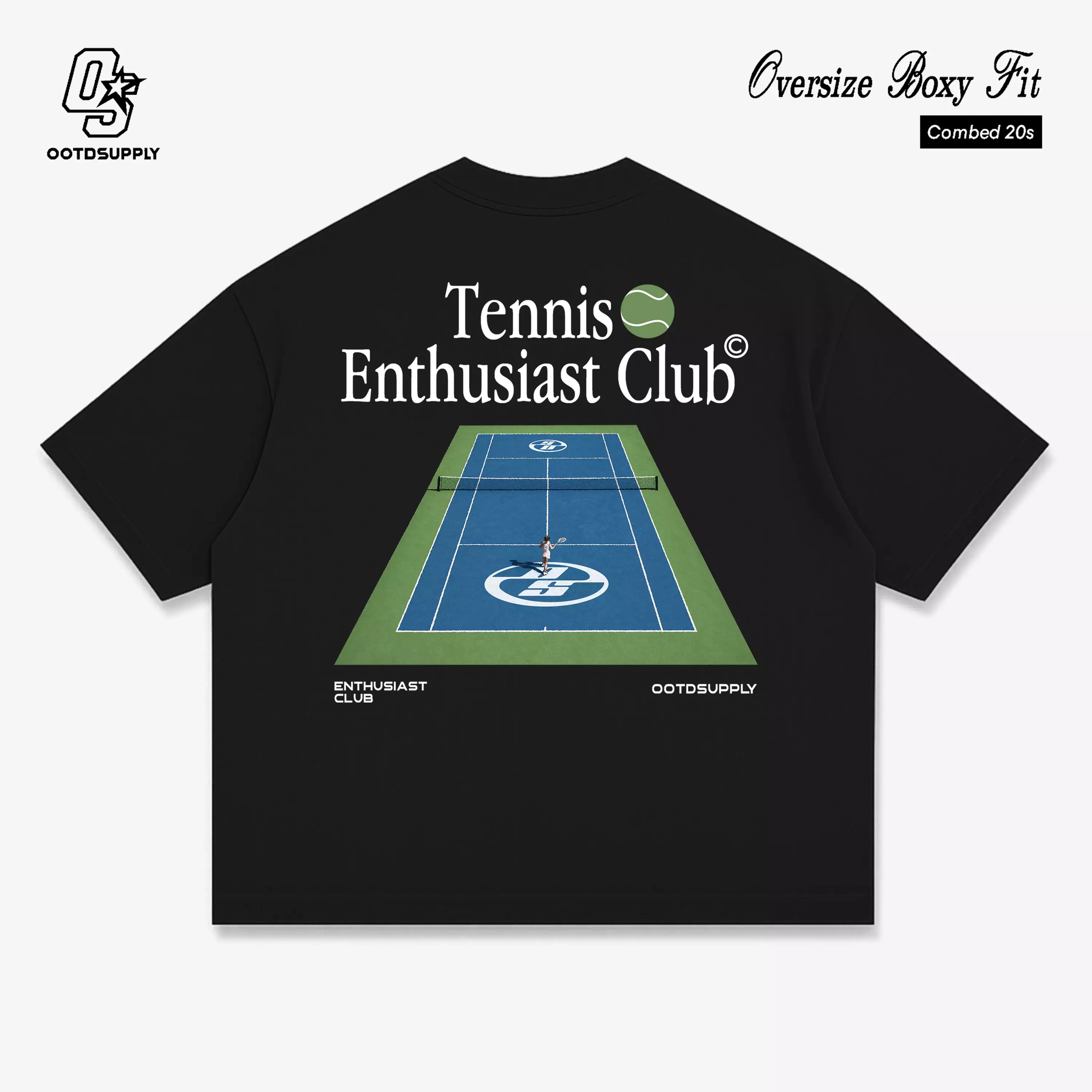OOTDSUPPLY Boxy Fit Oversize Tennis Club Black l Tshirt Boxyfit l Kaos Boxy OVZBX039