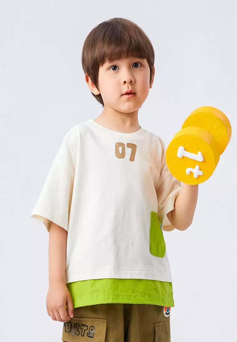 男女童短袖中大童主题印花撞色拼接T恤