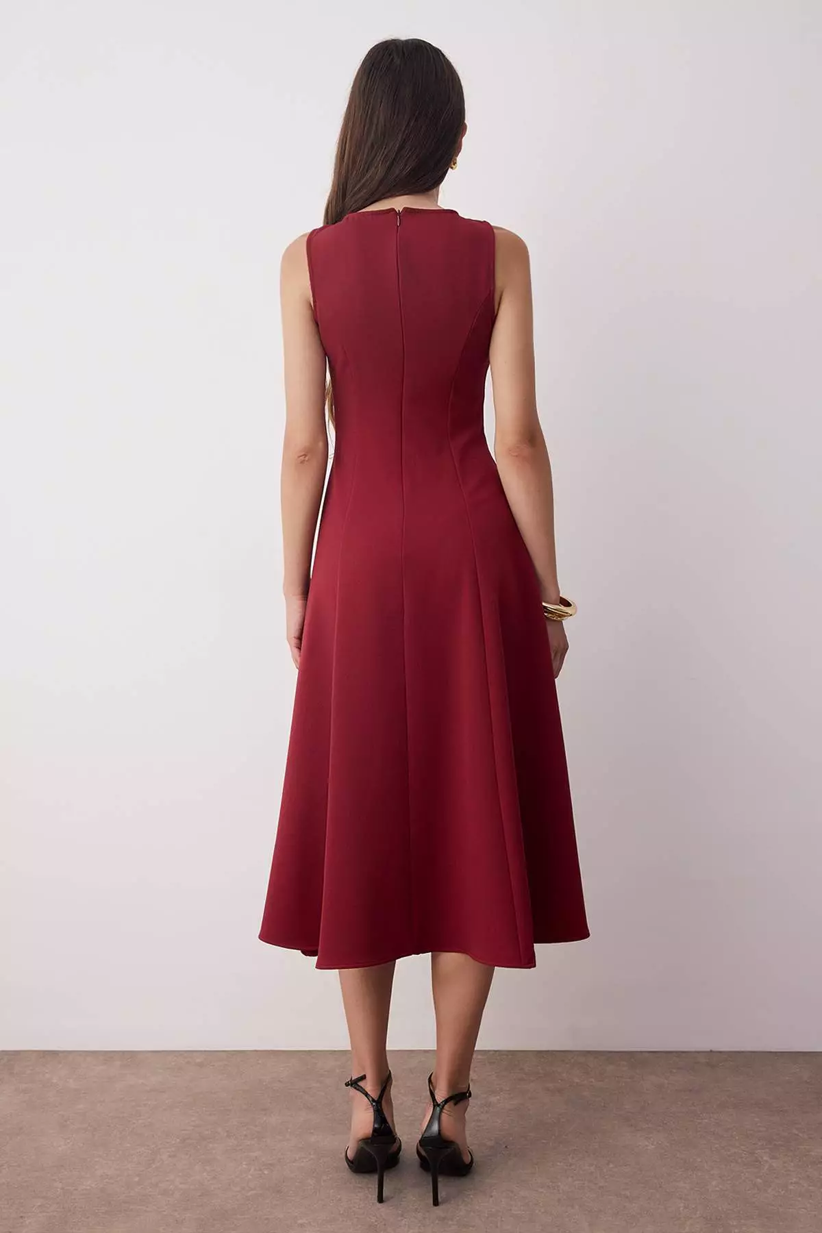 Burgundy Plain Accessory Detailed Midi Woven Dress