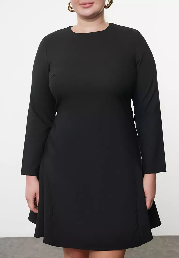 Black Basic Long Sleeve Hidden Zipper Mini Woven Plus Size Dress TBBAW25AH00054