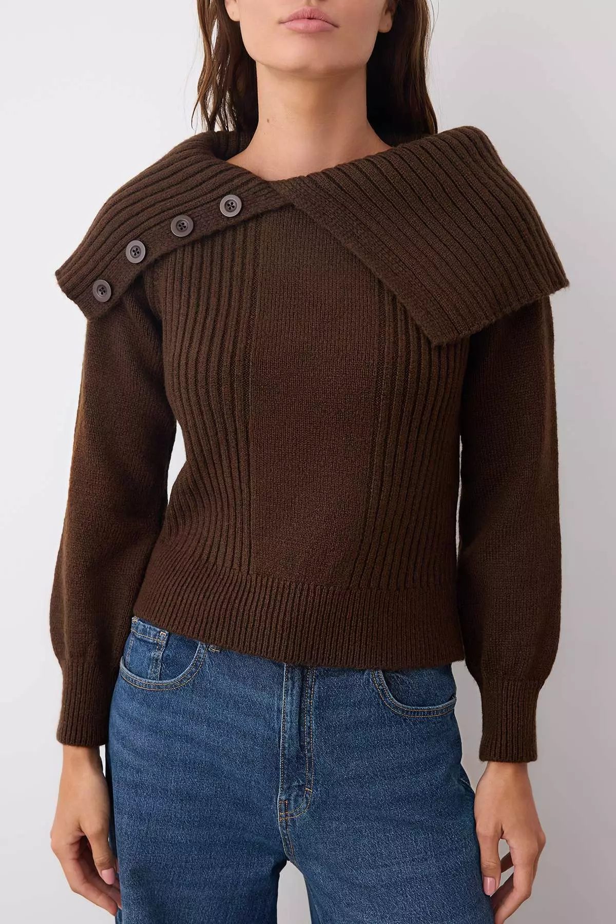 Brown Soft Texture Turn-Down Collar Knitwear Sweater Twoaw26Kz00024