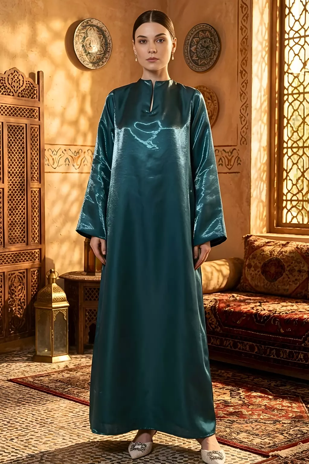Demure Signature - KAFTAN IN SHIMMER JADE GREEN - MIKADO PREMIUM FABRICS - FESTIVE