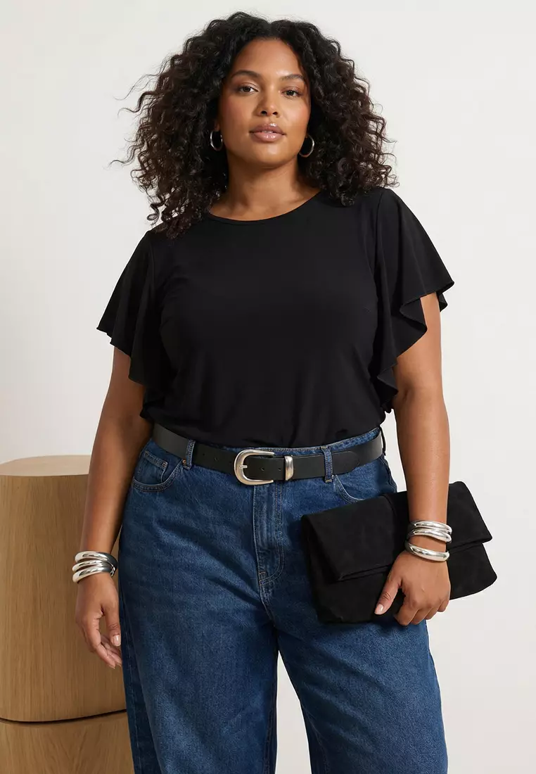Black Sleeves Ruffle Detail Crew Neck Stretchy Knitted Blouse Tbbss26Af00082
