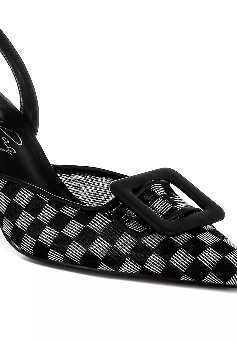 Sepatu hak stiletto runcing motif kotak-kotak warna hitam