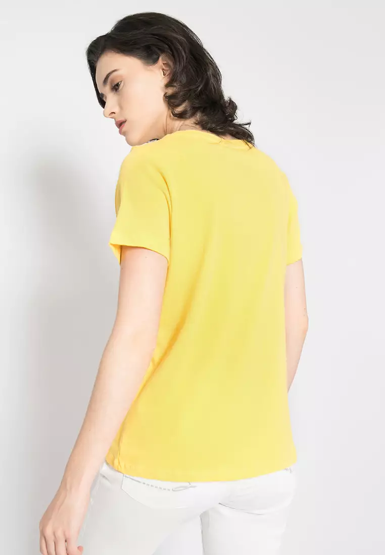 LGS - Kaos Wanita - Lengan Pendek - Motif Sablon Bunga - Warna Kuning - LTS.555.Q1080.013.C