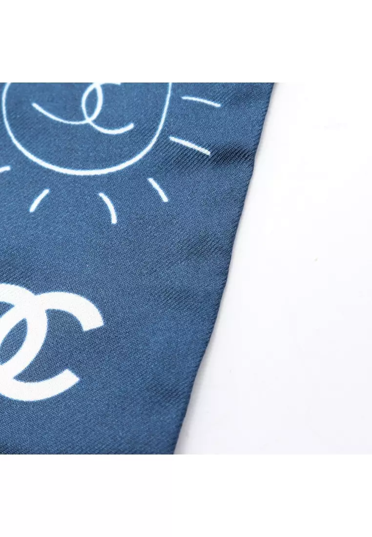 Pre-Loved Chanel coco mark all-over pattern scarf silk Navy multicolor