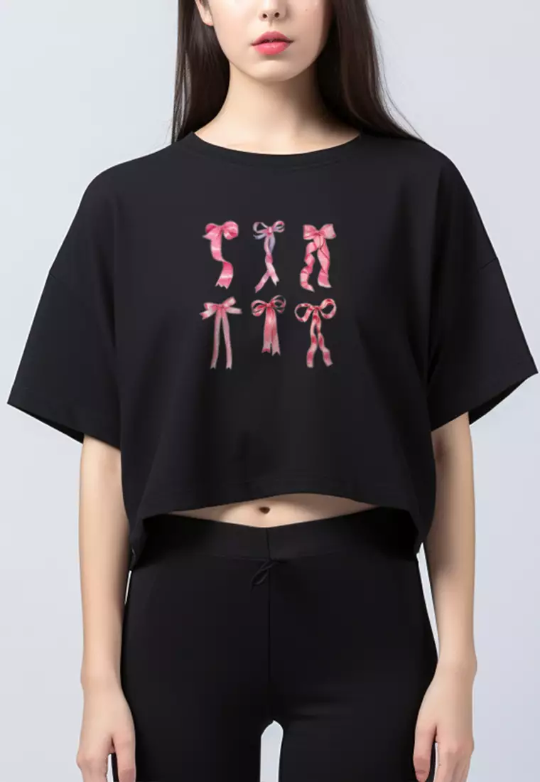 LTF98 Kaos Wanita Gambar 6 Coquette Bow Pita Ribbon OLC Crop hitam