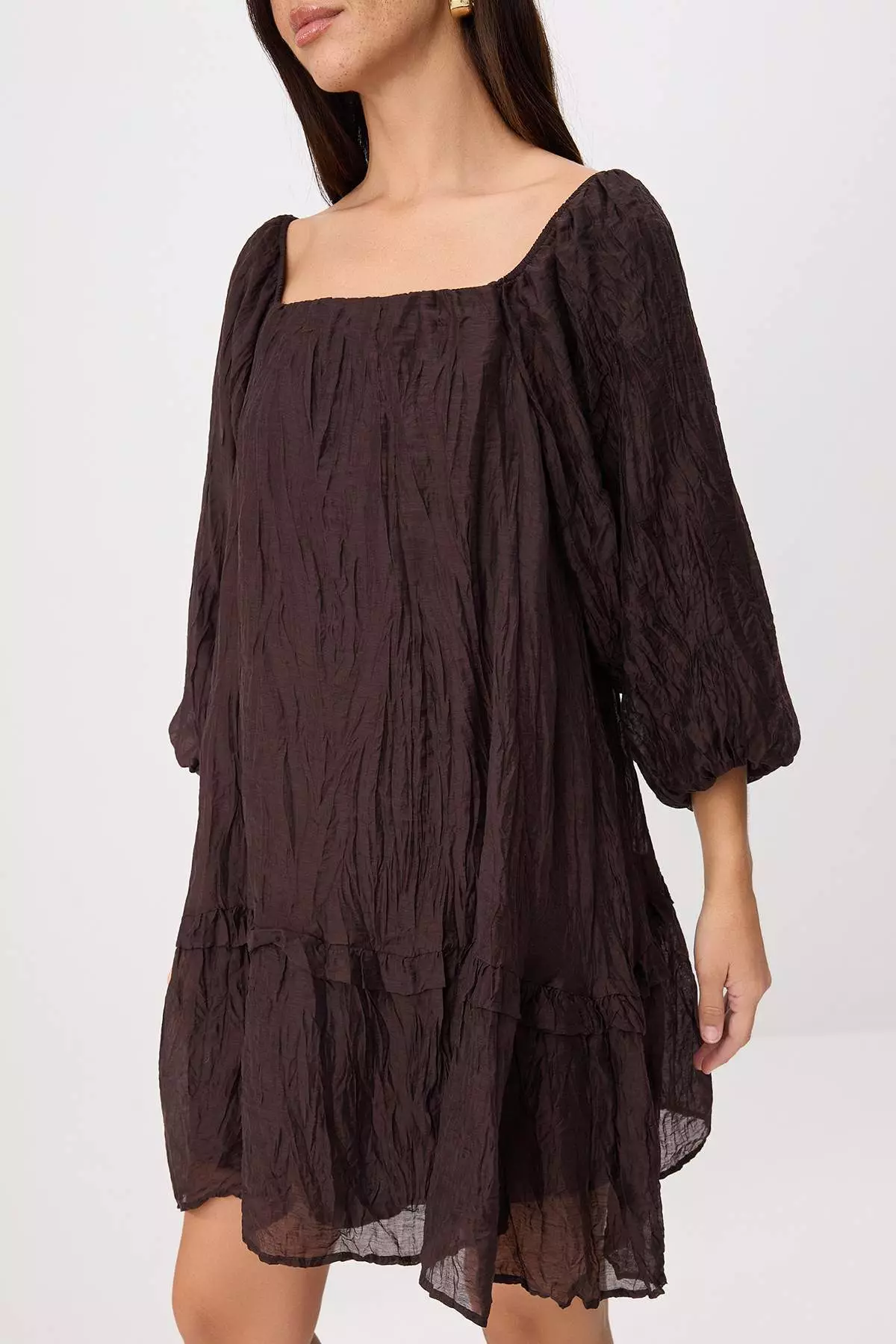 Brown A-Line Balloon Sleeve Wide Cut Woven Dress Twoss26El59