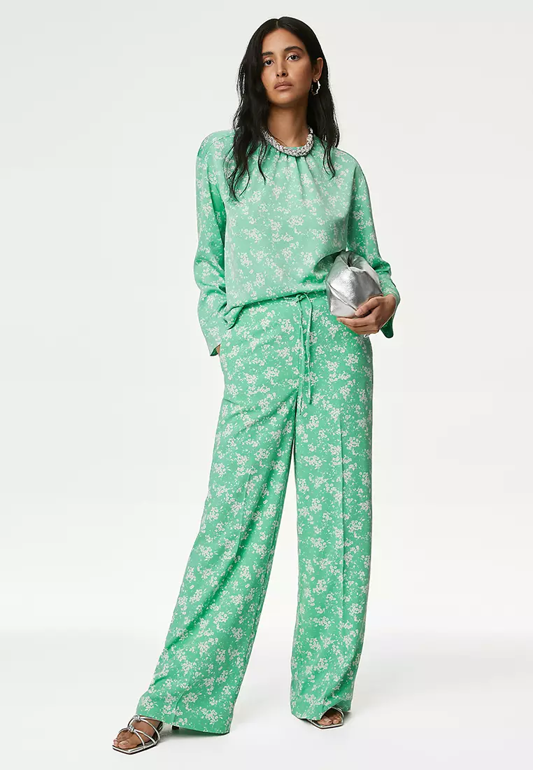 Floral Drawstring Wide Leg Trousers