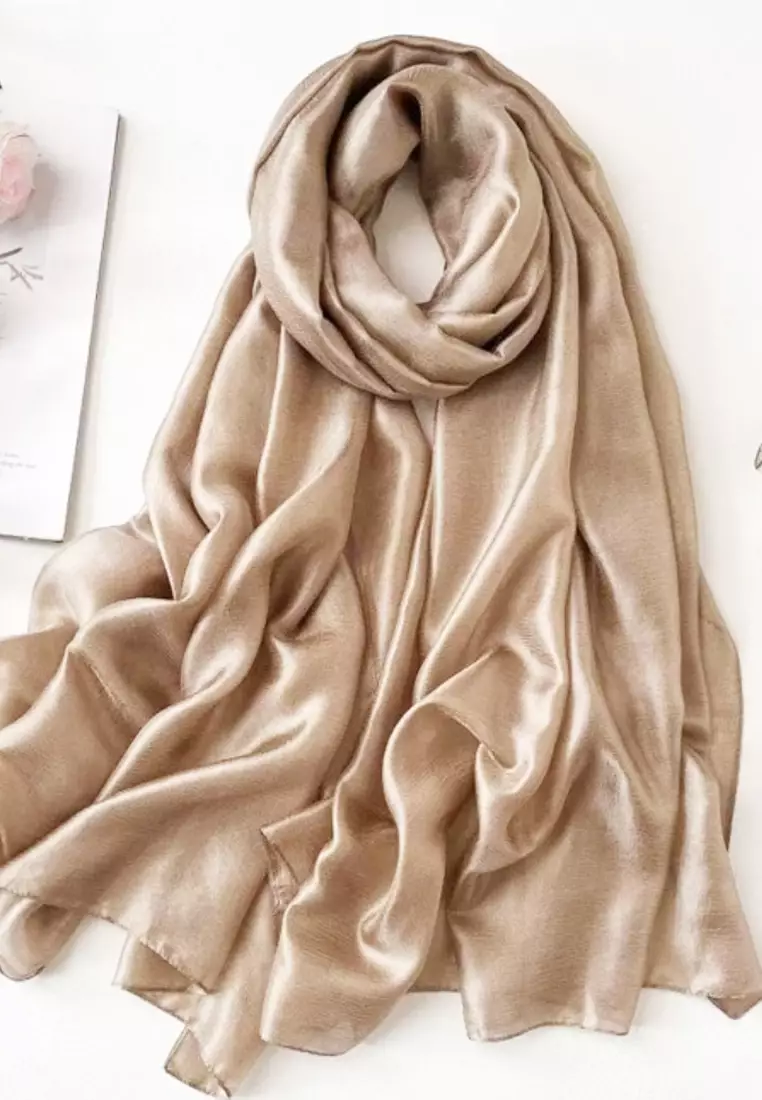 Women's Accessories Plain Silk-Feel Shawl Syal Wanita Sutra Polos Ivory Gold
