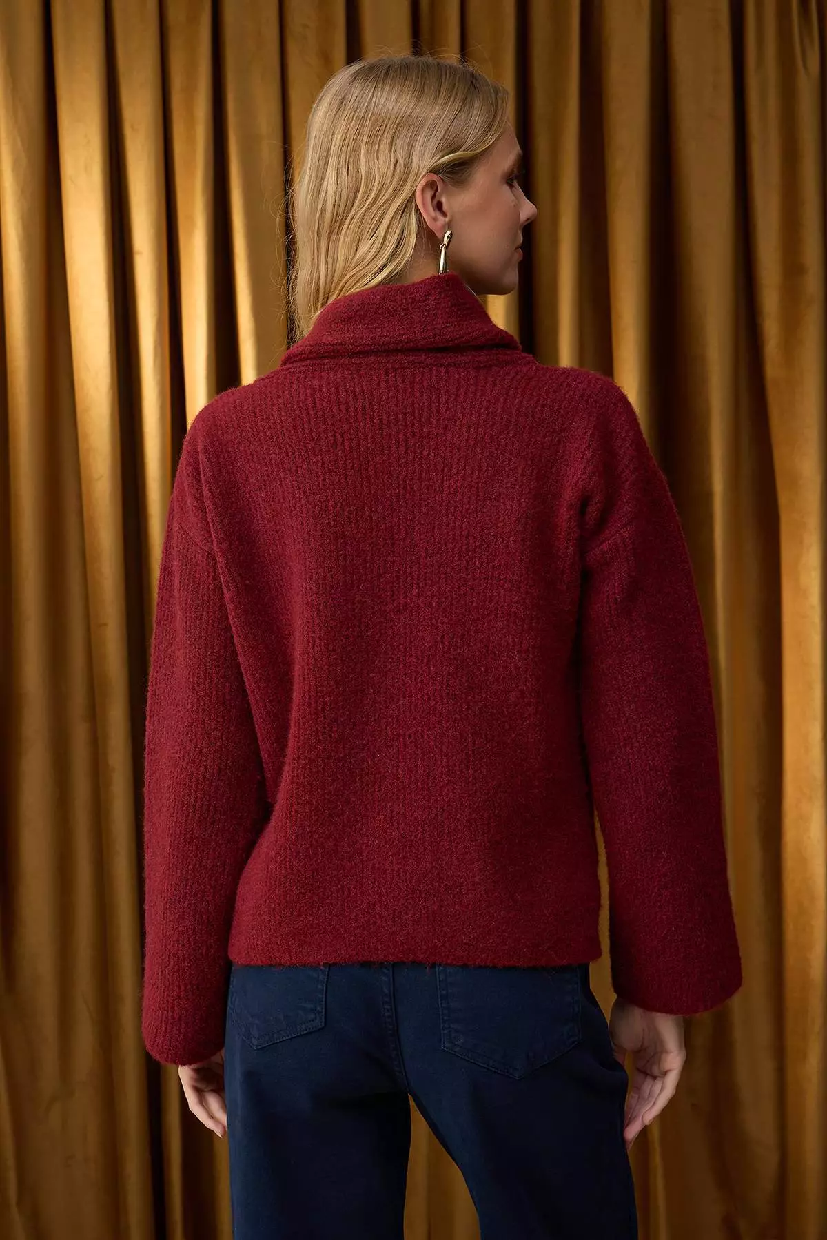 Burgundy Wool Blend Beard Yarn Shawl Collar Detailed Knitwear Sweater Twoaw26Kz00008