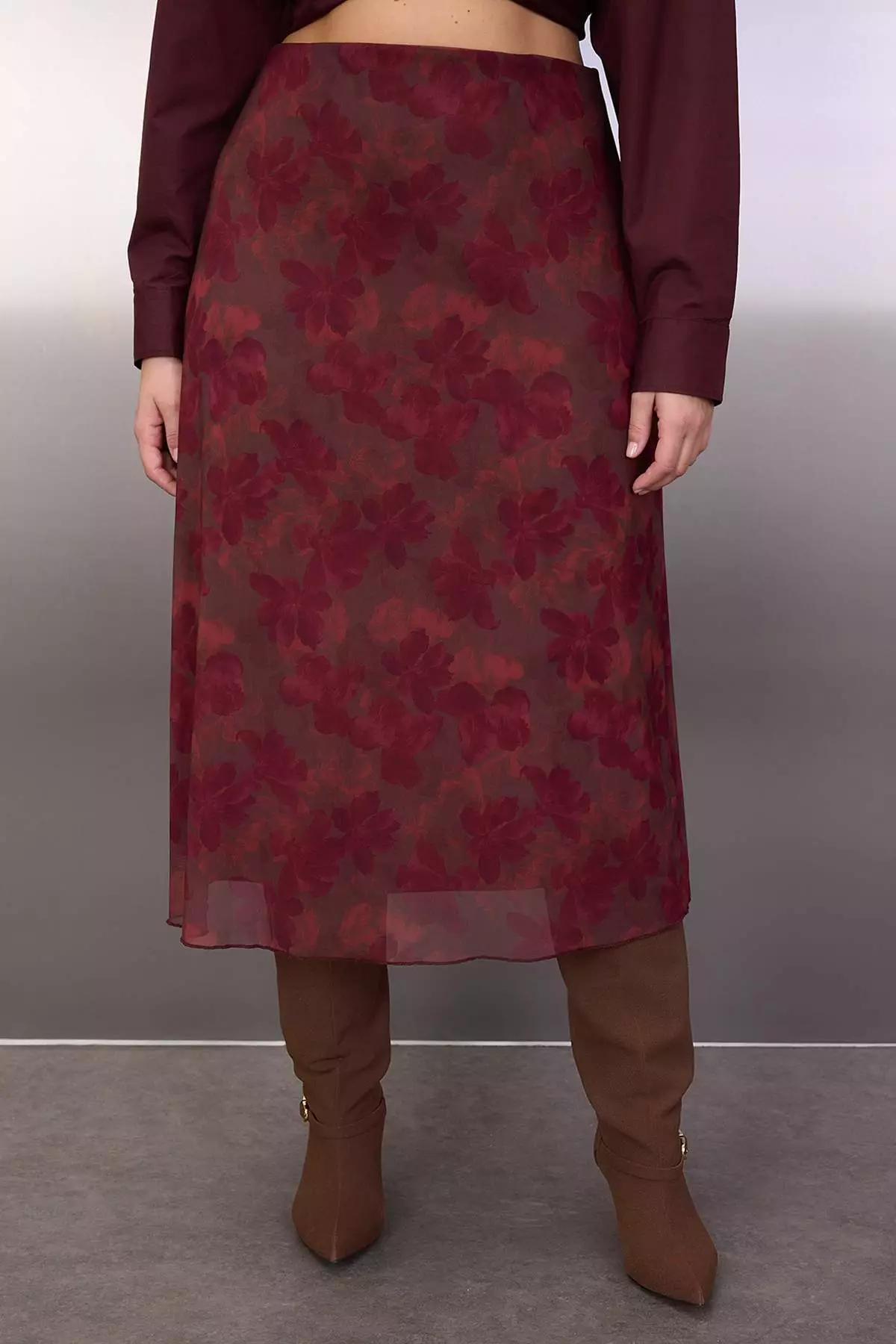 Burgundy A-Line Floral Pattern Tulle Knitted Plus Size Skirt Tbbaw25Az00006