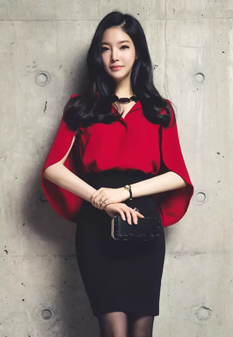 Red Chiffon Cape Shawl Button Down Top A083118