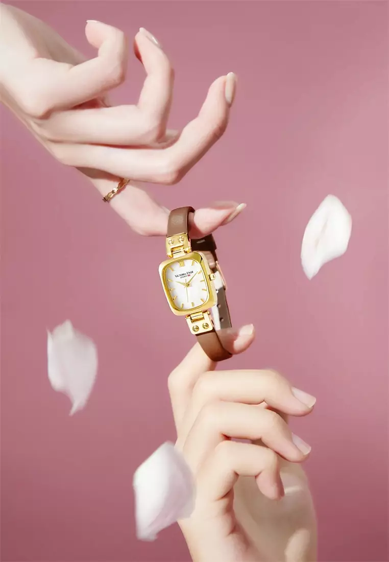 Vivian 22×26mm女士手表 皮革表帶 長方形天然貝母表盤 優雅經典-棕色