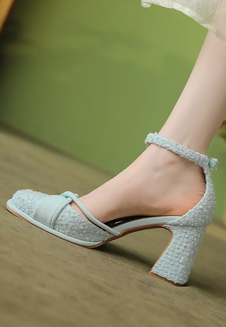 7.5CM Folded Strap Tweed Mary Jane Shoes XJ2568-10