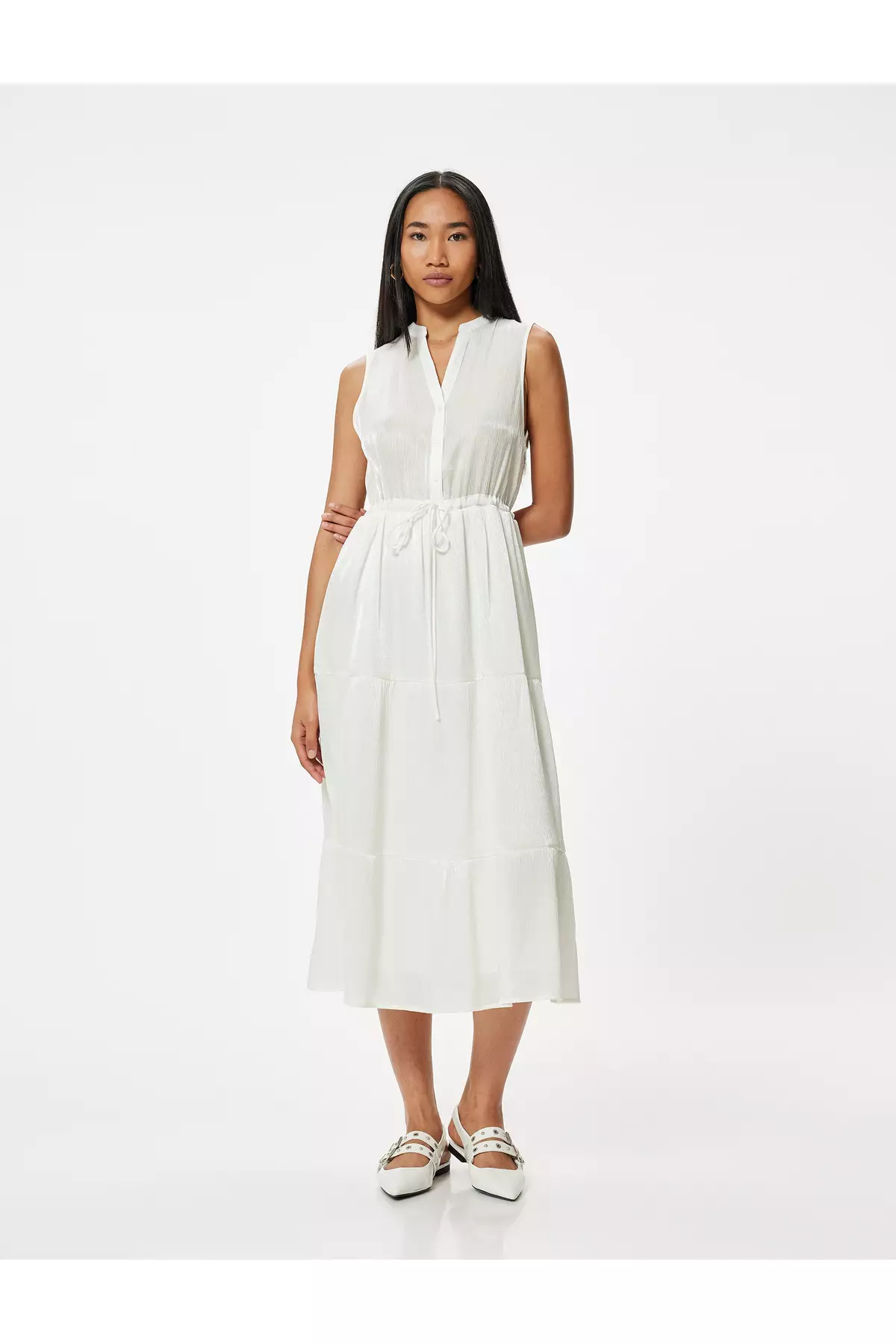 Sleeveless Midi Length Viscose Dress Shiny Tie Waist Lined