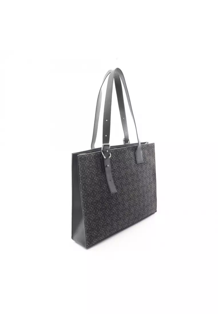 Pre-Loved LOEWE buckle horizontal Anagram Shoulder bag tote bag canvas leather black