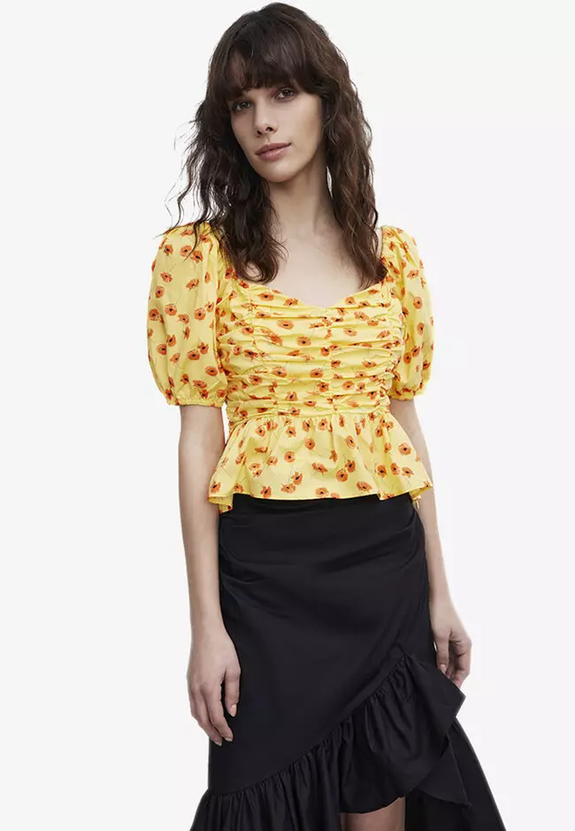 Yellow Floral Puff Sleeve Crop Top