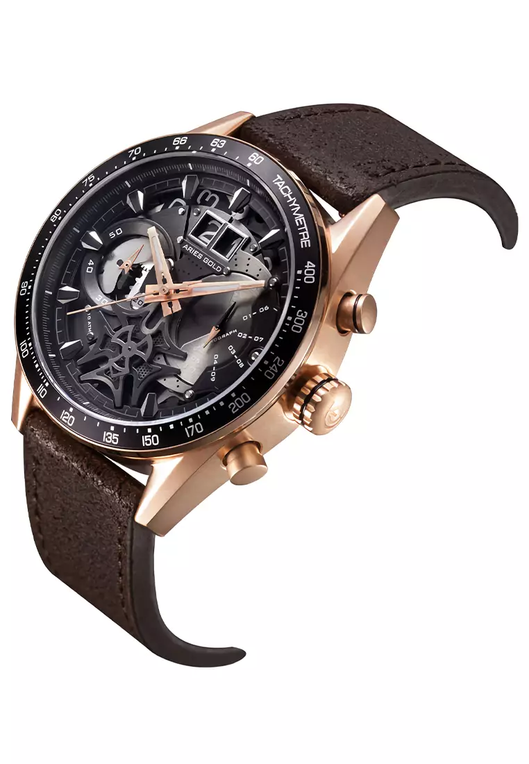 Aries Gold Jolter - Jam Tangan Chronograph Pria - Rosegold - Brown Leather Strap - G 7008