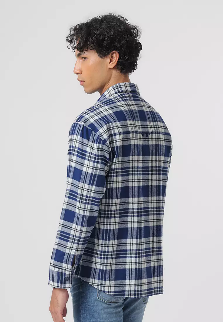 MELVINS - NAVY Kemeja Flannel Pria Motif Kotak-Kotak Lengan Panjang Relaxed Fit