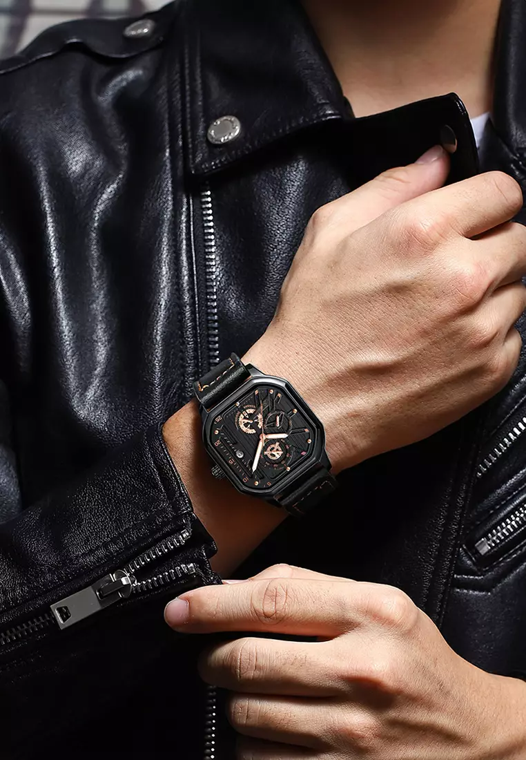 Jam Tangan Pria 9095 Kuarsa Olahraga Kasual Tali Kulit Pria Jam Tangan Cowok allblack