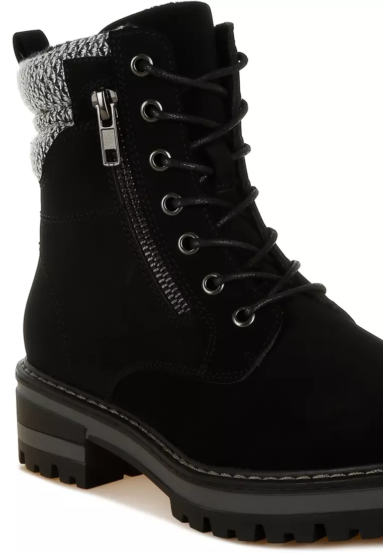 Knitted Collar Zip-Up Hiker Boots in Black