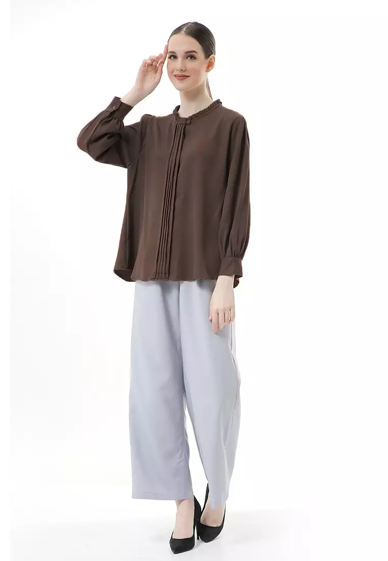 Vionka Kemeja Atasan Wanita Opnaisel Motif Polos - Brown